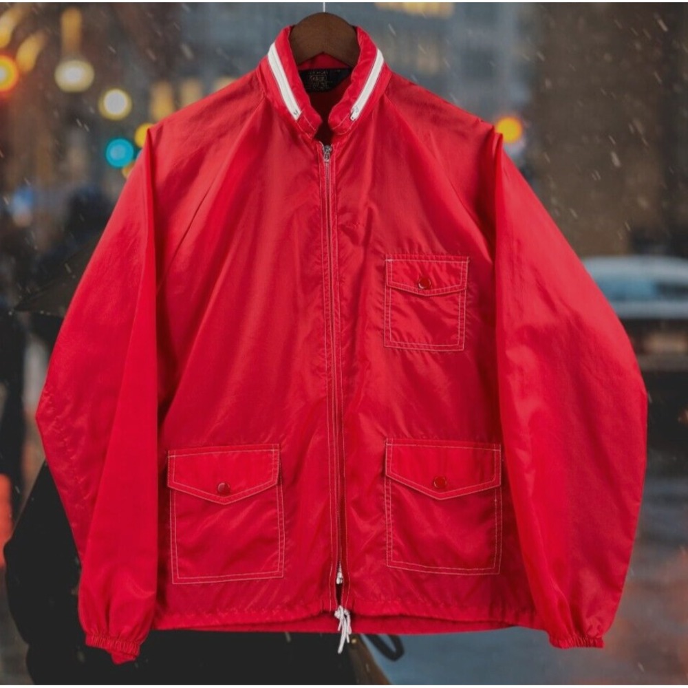 Sears Windbreaker Mens Med Vintage Red Chore Pockets Blouson Jacket Racer Hooded